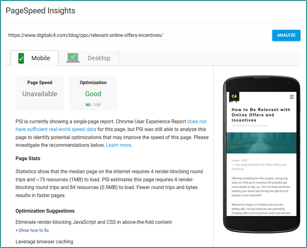 Google PageSpeed Insights For Digital C4 Landing Page
