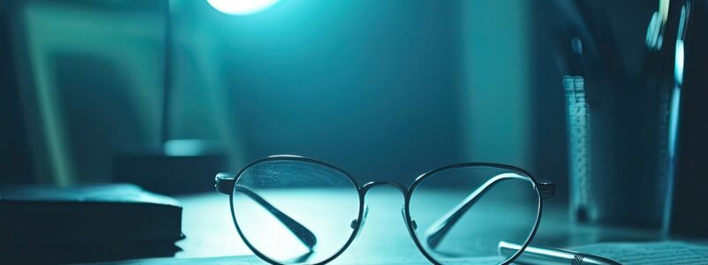 Glasses resting on a desk beside a lamp in dim light, representing clarity and structured thinking in answer-first content for AEO