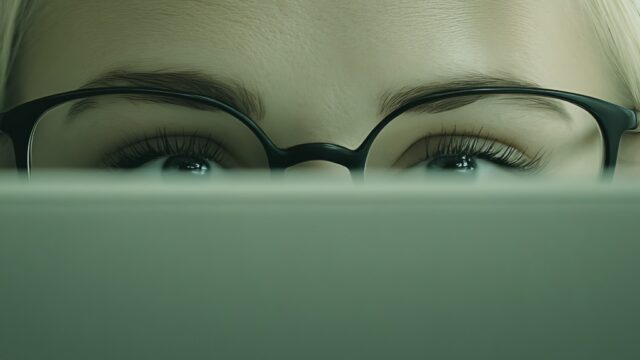 Person peering over laptop screen with focused expression, representing strategic research and buyer question mapping for AEO