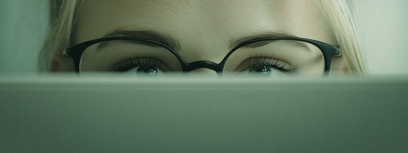 Person peering over laptop screen with focused expression, representing strategic research and buyer question mapping for AEO